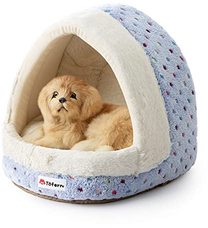 Tofern Haustierbett aus Fleece mit bunten Punkten, gestreift, für kleine und mittelgroße Hunde und Katzen, Iglu-Haus, rutschfest, warm, waschbar