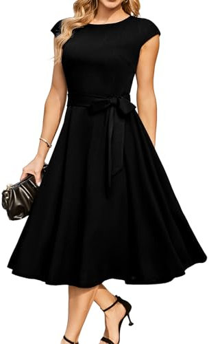 DRESSTELLS Cocktailkleid Damen Schwarz Elegant 1950er Knielang Rockabilly Hochzeitkleid Vintage Swing Festlich Midilang Abendkleid Kurz Sommer Kleid Black L