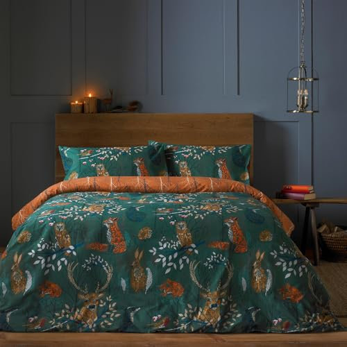 furn. Forest Fauna Woodland Duvet Set – Reversible Nature Inspired Bedding with Animal Print, Soft Polycotton, Machine Washable (Emerald – King)
