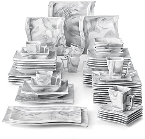 MALACASA 56-Piece Dinner Set, Marble Grey Porcelain, 12Pcs Dinner/Soup/Dessert Plates, 6Pcs Cups/Saucers/Bowls, 2 Serving Platters, Series Flora