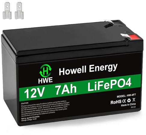 HWE 12V 7Ah Rechargeable Battery, 4000 Deep Cycle Lithium LiFePo4 12 Volt 7 amp Replacement for 6FM7 1270 SLA Battery, Alarm System, UPS, Lighting, Solar, Ride on Toys, 15A BMS, F1 & F2 Terminal