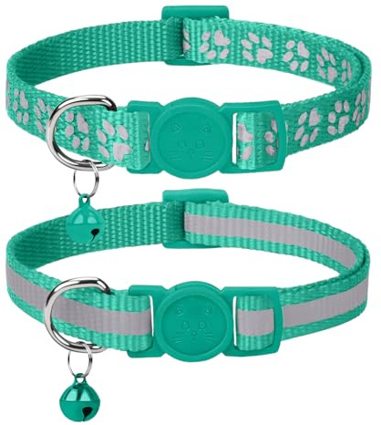 Taglory Collar Gato Reflectante, 2 Piezas Collares para Gatos con Cascabeles y Hebilla Seguro de Liberación Rápida, 19-32cm Turquesa