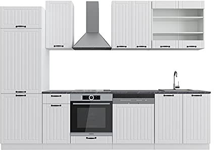 Vicco Küchenzeile Fame-Line, Weiß Landhaus/Weiß, 300 cm ohne Arbeitsplatte