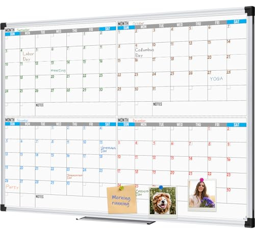 XBoard Magnetic Calendar Whiteboard 48 x 36 - 4 Month Colorful Calendar Dry Erase Board for Monthly Planning, Silver Aluminium Framed