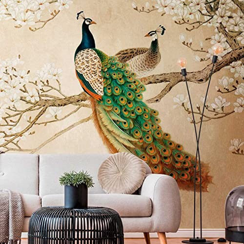 TADESSI Papier peint photo non tissé | Impression numérique avec oiseaux | Beige | 3,71 x 2,80 m | Animaux | Papier peint pour le salon, le couloir, le bureau, la cuisine, les espaces de vie