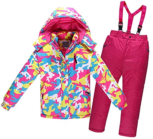 LCIGIA Schneeanzug Mädchen Skijacke Jungen Skianzug Kinder 2 Teilig Wasserdichte Fleecejacke Mit Abnehmbarer Kapuze Jacke + Hosenträgerhose, Rosa + Camouflage, 128-134