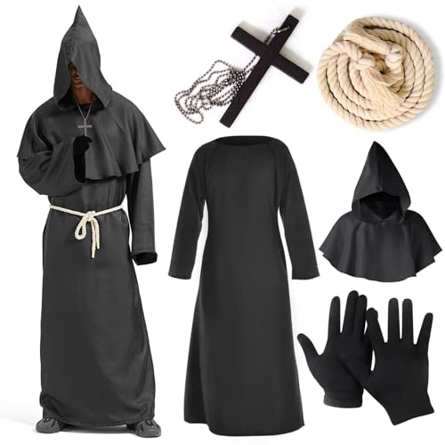 YADODO Mönch Kostüm Herren mit Kapuze Priester Kostüm Herren Kirche Halloween Kostüm Priester Mönch Robe Gewand Mittelalter Renaissance Robe Mönchskutte Schwarz für Halloween Mottoparty XXL