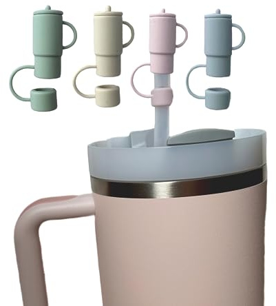 Resin and Reed Silicone Straw Cover Caps, Compatible with Stanley Cup and 10mm Straws, Cup Not Included (Shale, Dune, Rose Quartz, Chambray Blue)