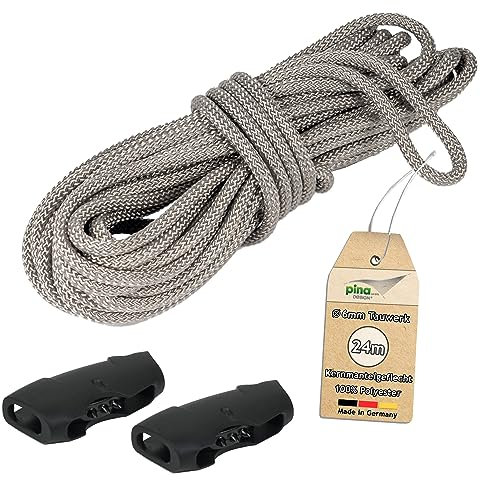 Pina DESIGN seit 1979-24m Tauwerk, Ø 6mm Seil für Sonnensegel aus Polyester Silber-grau | für Flaschenzug, Umlenkrolle, Seilzug & Boote, 800kg Reißlast & Bruchlast 1050 daN (Tauwerk + 2 Seilklemmen)