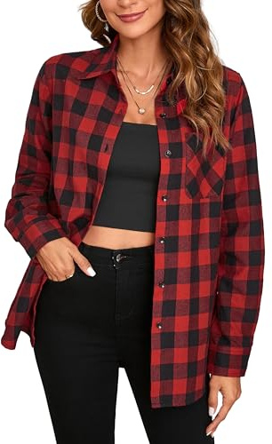 Stamain Chemise à Carreaux Rouge Femme Chemises Flanelle Manches Longues Classique Chemise Bucheron Western Décontractée Blouses Boutonnées 3XL