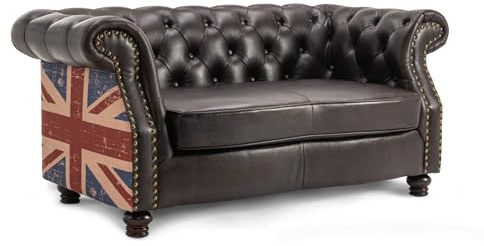 Lovesofas Luxury Chesterfield PU Leather 2 Seater Sofa with British Union Jack Flag Fabric Print – 162 CM Wide Vintage Brown Living Room Gentlemen’s Club Couch, Deep Tufting, Solid Wood Frame & Legs