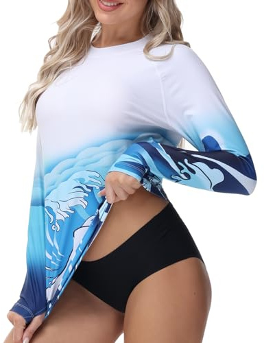 Camiseta UV para mujer, protección UV, protección UV, camiseta de natación de manga larga, para surf acuático UPF50+, secado rápido con agujero para el pulgar
