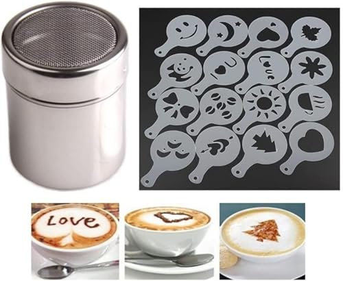 REJOECE Chocolate Sprinkles for Cappuccino, Chocolate Shaker for Cappuccino with Lid, with 20 Coffee Stencils, Chocolate Shaker Duster, Flour Shaker, Icing Sugar Shaker for Kitchen, Drinks, Baking