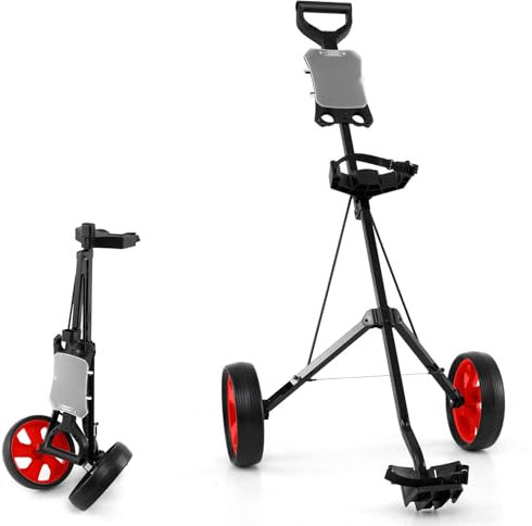 LIFEZEAL 2 Rad Golftrolley Klappbar, Golfwagen mit Anzeigetafel, Golf Push Cart aus Eisen, Golfkart mit Verstellbarer Gurt, Golfcaddy mit Fußbremse (Rot)