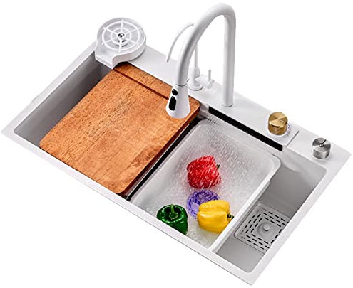 Lavello da cucina bianco a cascata Raindance, grande vasca singola in acciaio inox 304 nano con rubinetto estraibile e risciacquatore per bicchieri(68X45CM)