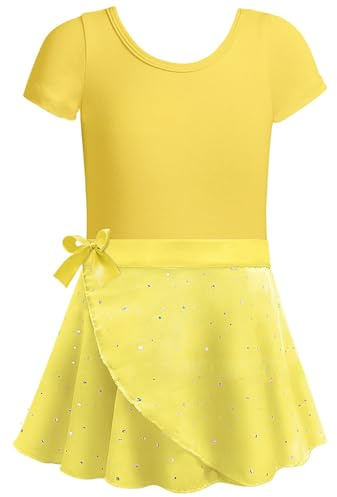 Generisch Ballettkleidung Mädchen - Tanzkleid Tütü mit Chiffon Rock - Ballettanzug Kurzarm Balletttrikot Tanzbody für Ballett und Gymnastik, Gelb, 130