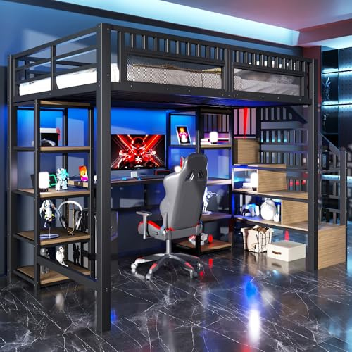 Sapgaks Lit Mezzanine Enfant en Fer 140x200 avec LED,Port USB, Bureau,Compartiment de Rangement,échelle de Rangement,lit superposé avec Garde-Corps,Cadre de lit Mezzanine 2 Place (A-Noir, 140x200)