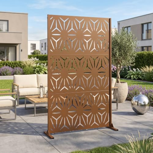 casa.pro Pannello Divisorio Decorativo in Acciaio Zincato 180x120 cm Frangivista a Motivo Raggi Floreale Separé Paravento per Giardino Balcone Soggiorno - Marrone