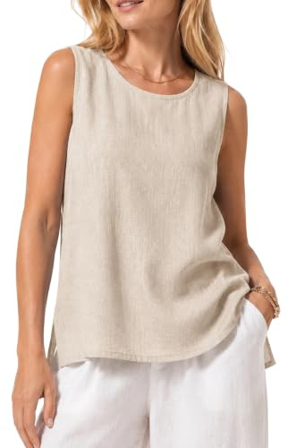 Cotton Linen Vest Tank Tops for Women Summer Casual Comfy Linen Shirts Loose Sleeveless Crew Neck Vests Gauze Lightweight Breathable Solid Color T-Shirts