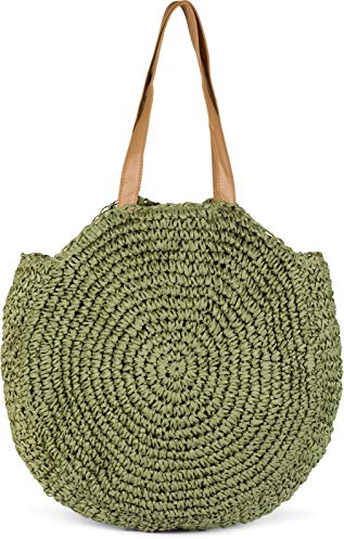 styleBREAKER Bolso de Hombro Redondo de Mimbre, Bolso de Playa con largas Asas, Bolso Trenzado, Bolso de Tipo Shopper, señora 02012232, Color:Verde Oliva