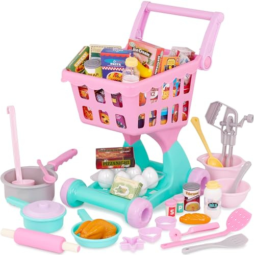 Battat - Giornata di shopping e pacchetto di pentole - Carrello della spesa e set per la spesa per bambini - Cibo giocattolo - Cucina da gioco - Gioco di finzione - 3 anni +
