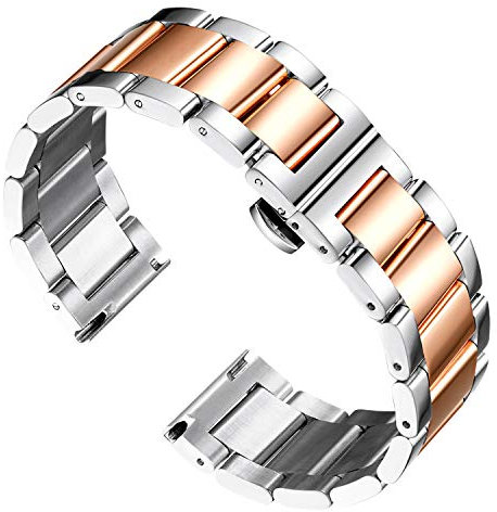 BINLUN Cinturino per Orologio in Acciaio Inossidabile Ricambio Cinturino Metallo Finitura Spazzolata Opaca Lucida Braccialetti Uomo Donna con Fibbia a Farfalla(Argento e Oro Rosa Lucido, 20mm)