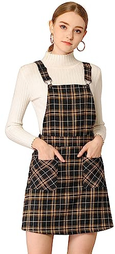 Allegra K Gonna con Bretelle Regolabili, da Donna, sopra Il Ginocchio, Scozzese, Abito con Stampa Integrale, Nero-Marrone., S