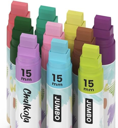 Chalkola Fönstermarkörer – 10 vintage färgade kritpennor – 3 i 1 spets, 15 mm jumbo spets – flytande kritmarkörer för svarta tavlan, svarta tavlan, fönster, bilar – glaspennor för konstnärer i alla