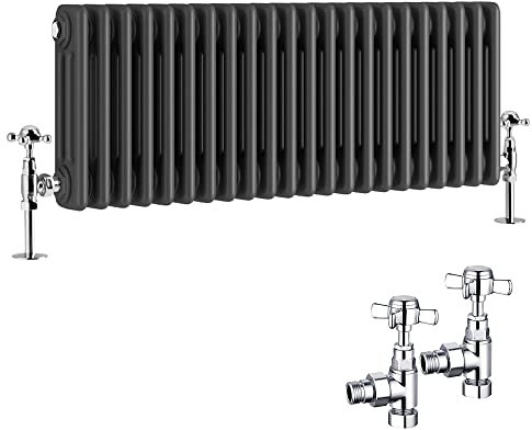 NRG Traditional Radiator 300 x 1010mm Horizontal Cast Iron Radiators Central Heating Anthracite Triple Column with Angled Pair of Valves