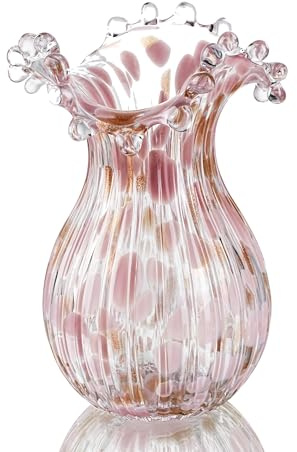 QFkris Handblown Glass Vase, Modern Art Flower Vase with Pink Petal Decorative for Home Decor, 8.5 inch Tall for Living Room Dining Tabletop Centerpiece Statement Office Decoration