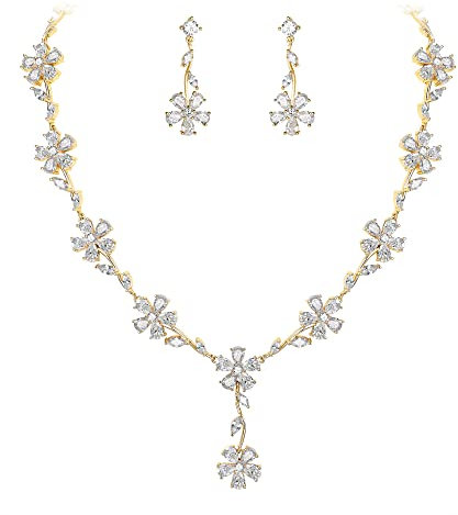 EVER FAITH Bröllopssmycken för brud vit kubisk zirkonia kluster blomma halsband dingla örhängen set brud party smycken för brudtärna, Mässing, Kubisk zirkonia