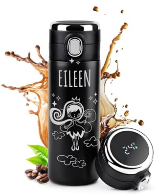 Maverton Thermobecher Kaffeebecher mit Gravur 400 ml - Trinkflasche Edelstahl - Weihnachtsgeschenke -auslaufsicher 100% dicht - mit LED-Temperaturanzeige - für Frauen zum Geburtstag - schwarz - Fee