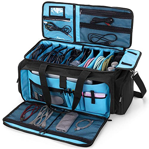 HODRANT Large DJ Gig Bag, Travel DJ Cable File Case with Padded Bottom & Detachable Dividers, DJ Gear Storage Organizer for Microphones, 14 Laptop, Sound Equipment & Music Instrument, Black, Bag Only