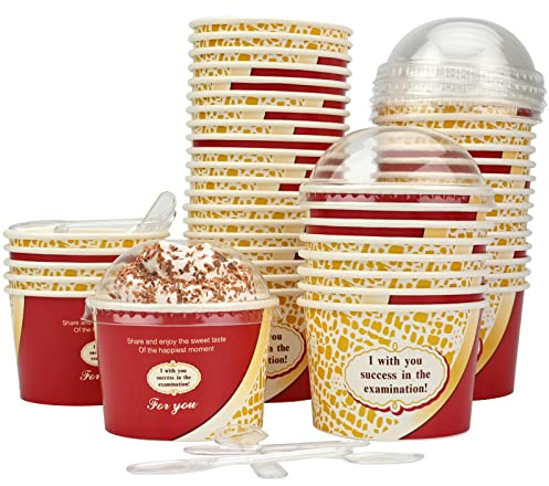 GLAITC Coppe Gelato di Carta,4 oz 50 Pezzi Contenitori per Gelato di Carta Riutilizzabili con 50 Pezzi, Coperchi e Palette, Coppe per Gelato, Coppe per Dessert,Gelato,Yogurt,Zuppa e Torta (Oro)