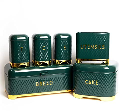KitchenCraft Set of Gift-Boxed Lovello Hunter Green Textured Counter Top Storage Set 11 x 19cm, Utensil Store 20x10x18cm, Bread Bin 42x22x19cm, Cake Tin 26x26x19cm