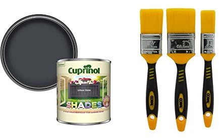 Cuprinol 5316967 Garden Shades Exterior Woodcare, Urban Slate 1 Litre & Coral 31416 Zero Paint Brushes with No Loss of Bristle Paintbrush Heads 3 Piece Pack Set, Yellow, Set of 3