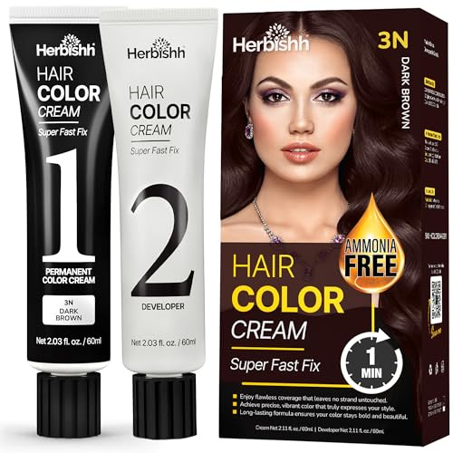 Herbishh 1-Minute Korean Hair Dye Cream & Developer (2.03 fl oz Each) Natural Dark Brown - Permanent Color for Hair Root Touch Up & Full Hair Gray Coverage, Ammonia-Free Hair Dye Kit for Women & Men