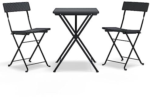 Makastle 3-TLG. Terrassenmöbel-Set, klappbar Gartenmöbel-Set mit Tisch & 2 Stühlen, Kleiner Sitzgarnitur Bistroset für Balkon Garten Terrasse, Klappbar Schwarz Poly Rattan
