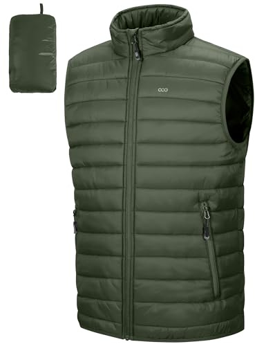 33 000 fot herr packbar quiltad väst utomhus fodrad hybrid sportvästar med ståkrage utomhusvästar med 5 fickor övergångsvästar för män löpning golf vandring ridning, Armégrön, XL