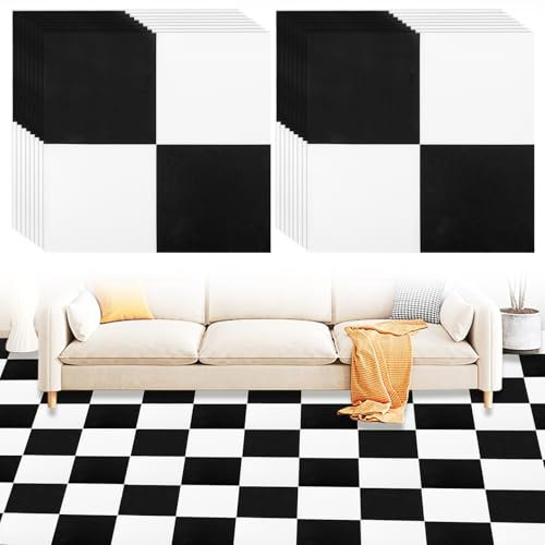DAJAVE Lot de 20 revêtements de sol en PVC autocollants en vinyle 30 x 30 cm Échiquier (vue totale : 6 m x 6 m), sol en vinyle noir et blanc, pour cuisine, autocollant de sol, en vinyle, imperméable