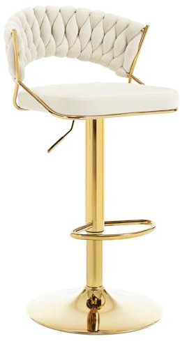 WOLTU Barhocker höhenverstellbar, Barstuhl 360° drehbar, Küchenhocker mit geflochtener Rückenlehne Fußstütze, Hocker Bar Küche, Samt Metall, Creme, BH427cm-1