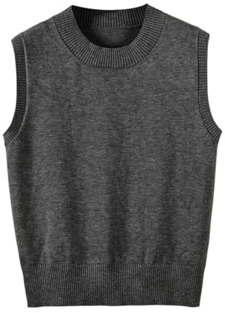 Jinghuiyue - Gilè da donna, maglione con scollo tondo, senza maniche, pullover classico, basic, tinta unita, a costine, lavorato a maglia, top tank, grigio scuro, S