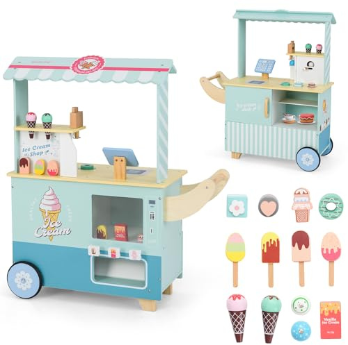 COSTWAY Gelateria Giocattolo per Bambini con Gelatiera, Carrelo dei Gelati in Legno con Ruote e Maniglia, Negozio di Gelati Giocattolo con Cassa e 15 Accessori, per Bambini di 3 + Anni (Verde)