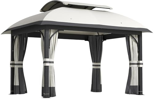 Outsunny Pavillon mit Doppeldach, 4x3,3 m Wasserabweisend Stabil Winterfest Gartenpavillon mit Moskitonetz, Seitenteile, Garten-Pavillon aus verzinktem Metall, für Garten, Terrasse, Hellgrau