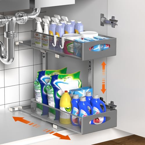 Housolution Organizador Estanteria Almacenamiento Bajo Fregadero, Gris | 2 Niveles con Cajón Extraíble, Altura Ajustable, Metal Resistente