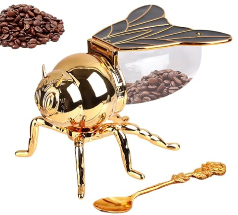 Barattolo per miele a di ape, dispenser creativo per sciroppo, contenitore per condimenti in con cucchiaio, (15 x 10 x 9 cm), accessorio decorativo da cucina per colazione e cucina