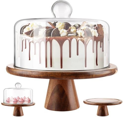 JMIATRY Wood Cake Stand with Lid, 10 Inch | Wooden Cake Stand with Clear Dome Lid, Cakes Stands with Cover for Birthday, Wedding, Party and Picnic