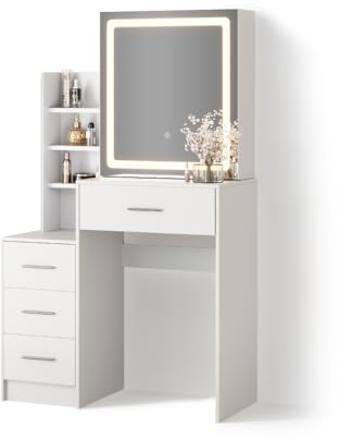 Livinity Tavolo da toilette Monza, Bianco, 80 cm con specchio a LED