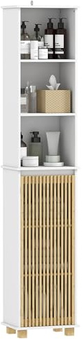 HOMCOM Colonna Bagno, Mobile Contenitore per Bagno con Anta a Doghe di Bambù e Scomparti Aperti, Armadio Alto per Soggiorno, Cucina - 35 x 26 x 173 cm, Bianco