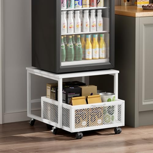 Warmiehomy Mini Fridge Stand with Storage Mobile Refrigerator Stand with Lockable Wheels Portable Refrigerator Trolley Cart Wheels Rolling Mini Fridge Table with Basket for Home Kitchen Office, White